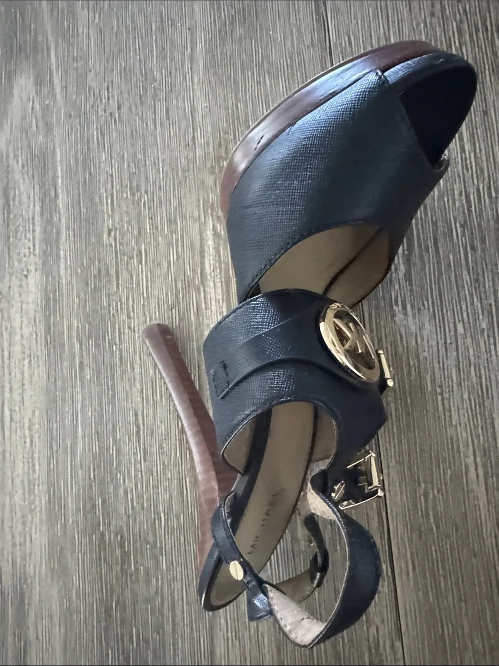 Michael Kors Black Open-Toe T-Strap Heels with Gold Hardware